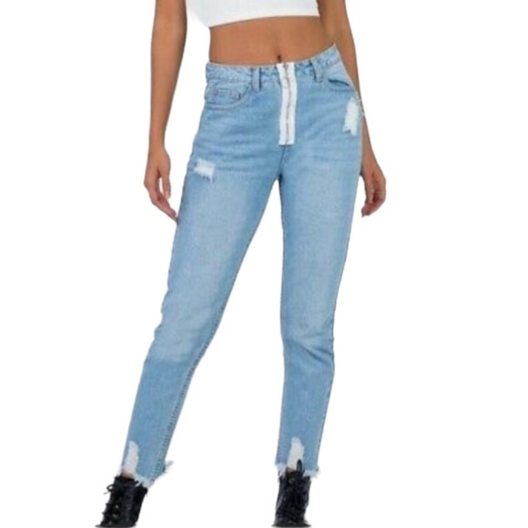 Princess Polly Distressed Skinny Blue Jeans White Zipper Size 4 - Picture 1 of 11